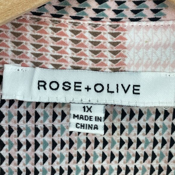 Rose + Olive Womens Plus 1X Blouse Pink Black Geometric 3/4 Sleeve Shirt Top - Picture 4 of 10